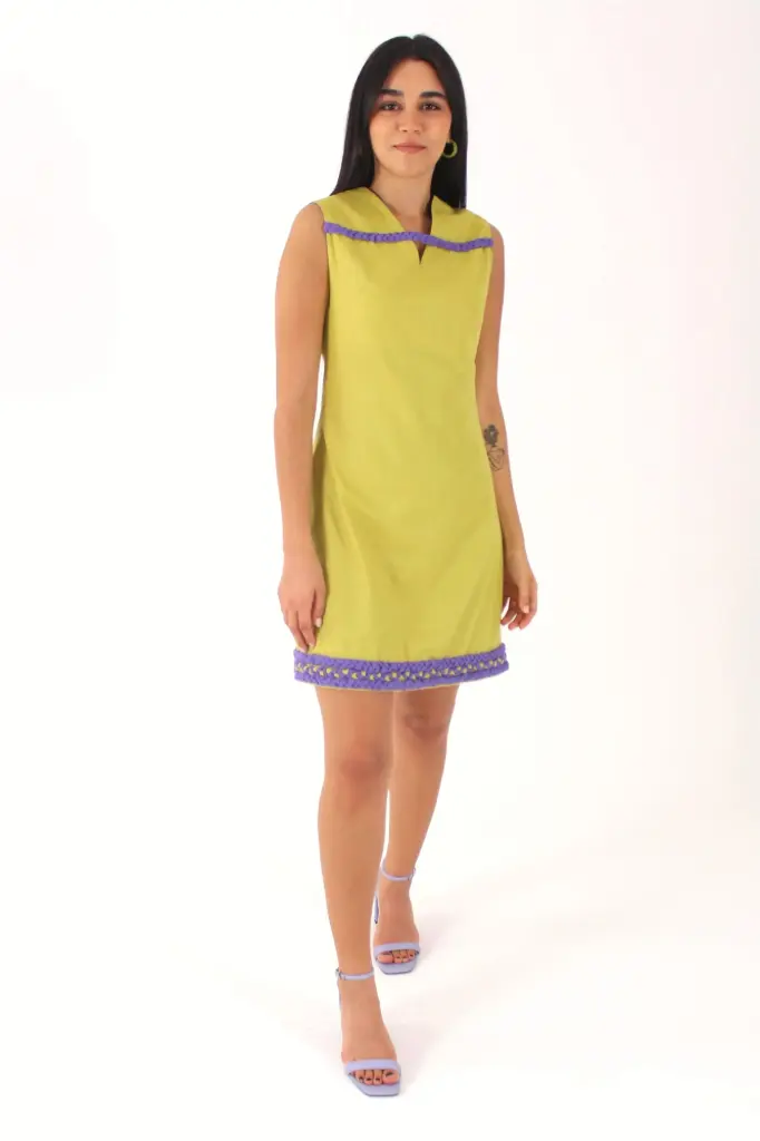 Hand-Braided Cotton-Linen Mini Dress – Lemon Green & Purple