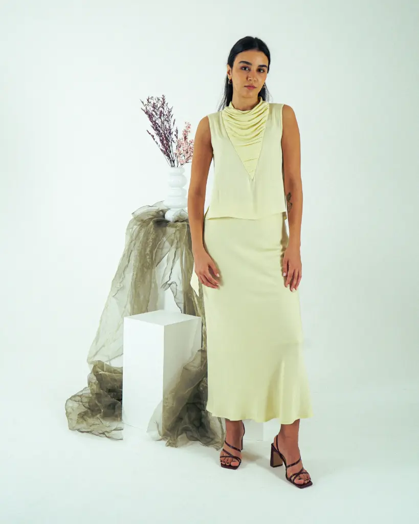 Shanbar Asymmetric Top – Draped Summer Rayon in Butter Yellow